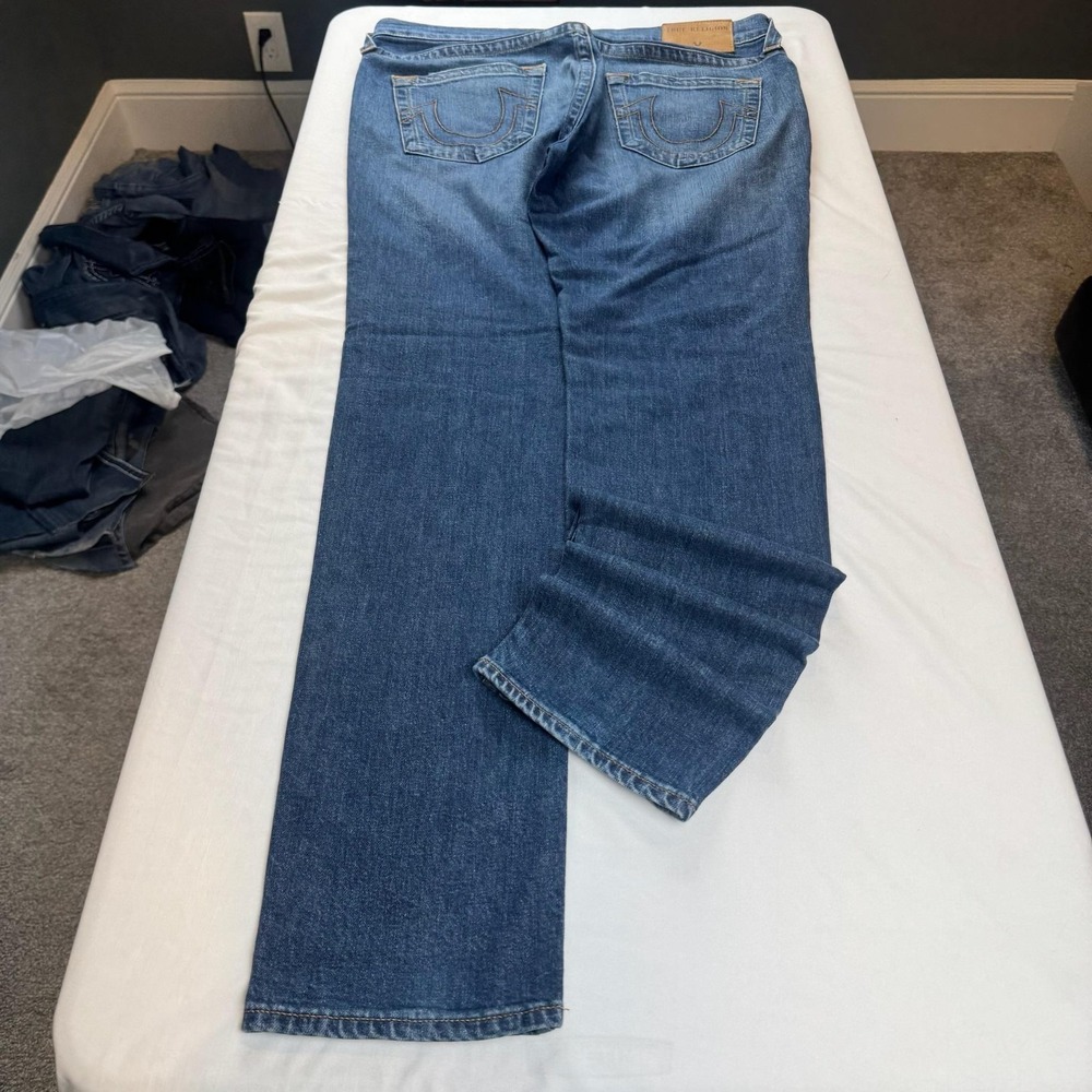 True Religion Jeans Mens 33x33 Blue Med Wash Regular Straight Logo Pockets Denim